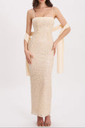 Raizel Gold Beaded Sequin Bodycon Gown With Scarf