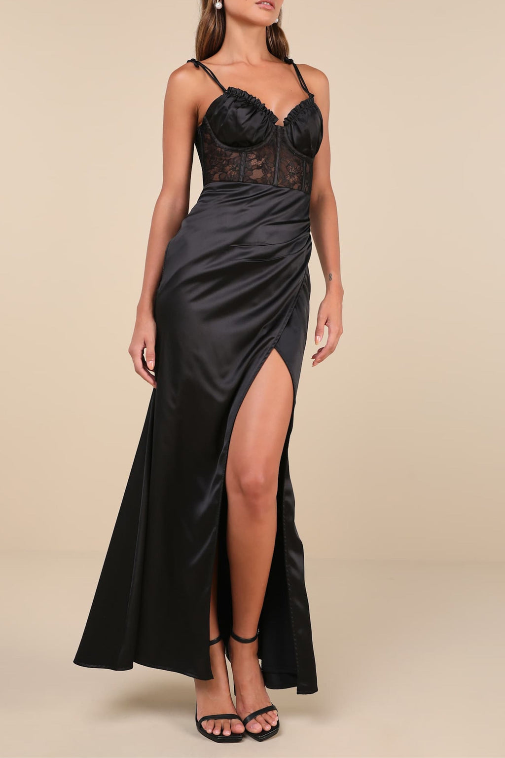 Flowering Girl Women Aura Black Satin Lace Tie-Strap Bustier Maxi Dress