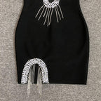 Flowering Girl Women Black Diamond Embellished Bandge Mini Dress