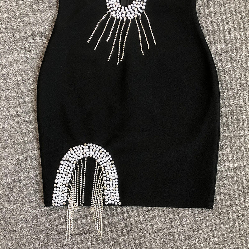 Flowering Girl Women Black Diamond Embellished Bandge Mini Dress
