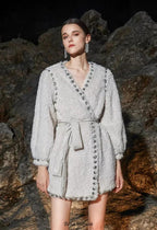 Beige V-Neck Long Sleeve Diamond Stud Coat