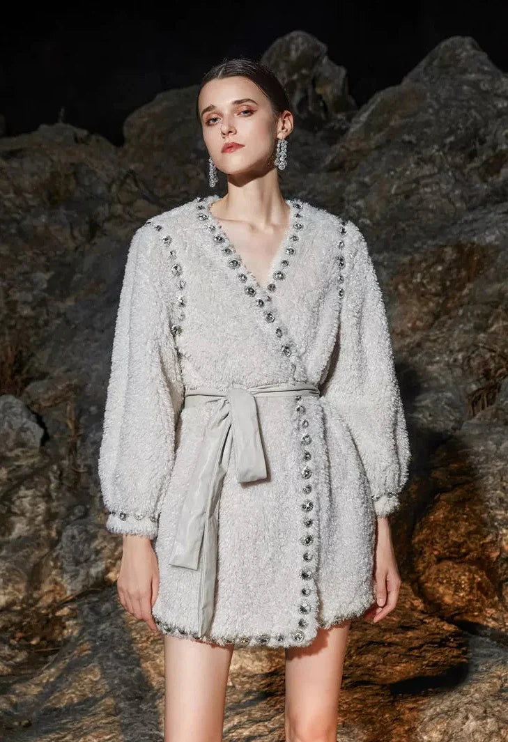 Flowering Girl Women Beige V-Neck Long Sleeve Diamond Stud Coat