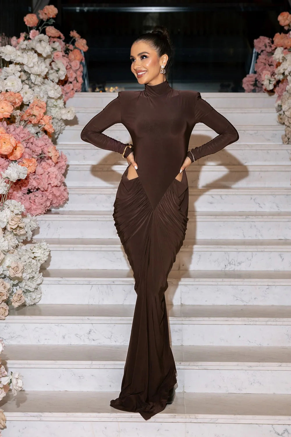 Jacqueline Turtleneck Long Sleeve Cutout Bodycon Gown In Brown
