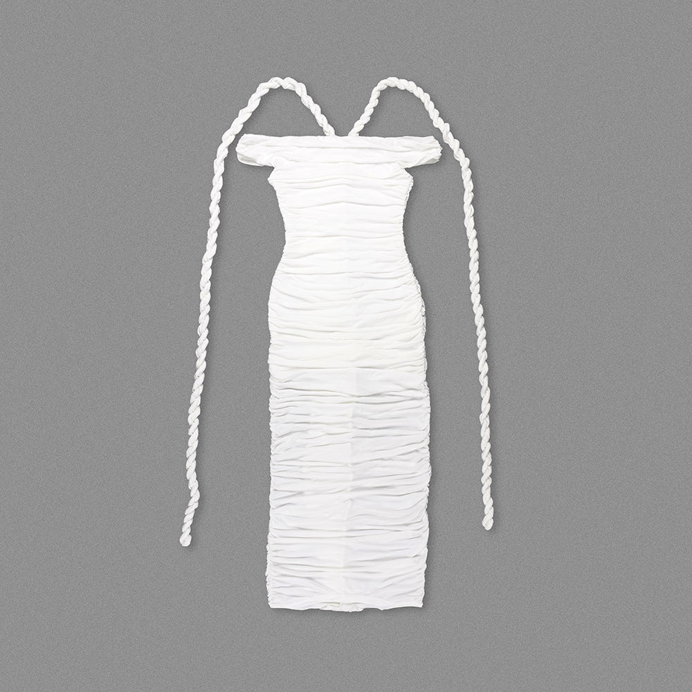 Flowering Girl Women cara white off-shoulder ruched bodycon maxi dress with rope embellished