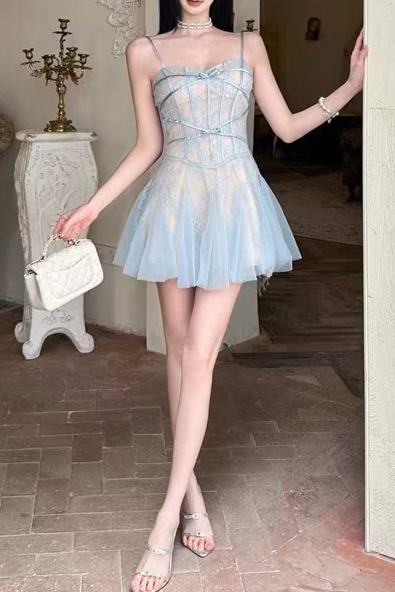 Light Blue Lace Corset Tulle Mini Dress