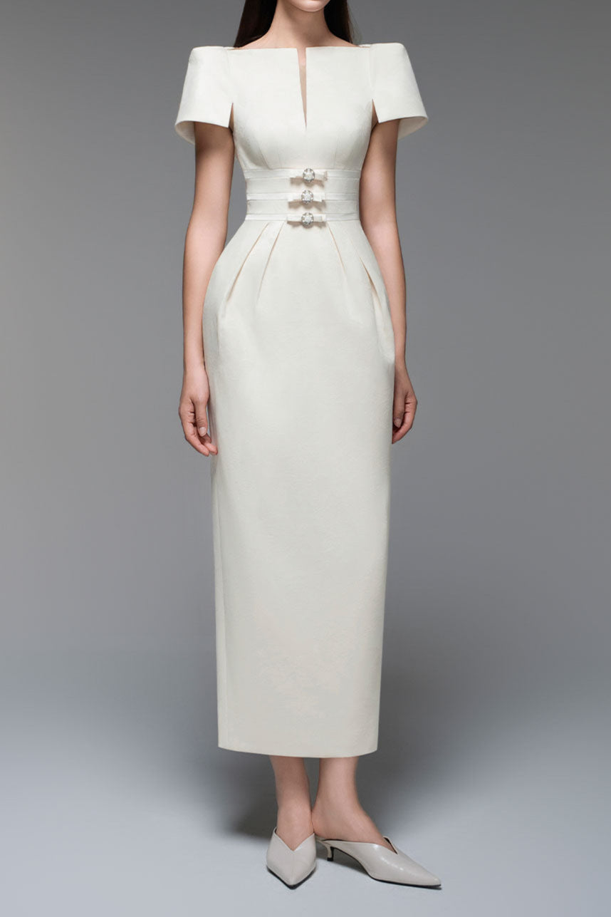 Beatrice Sheath Boat Neck Brocade Maxi Dress