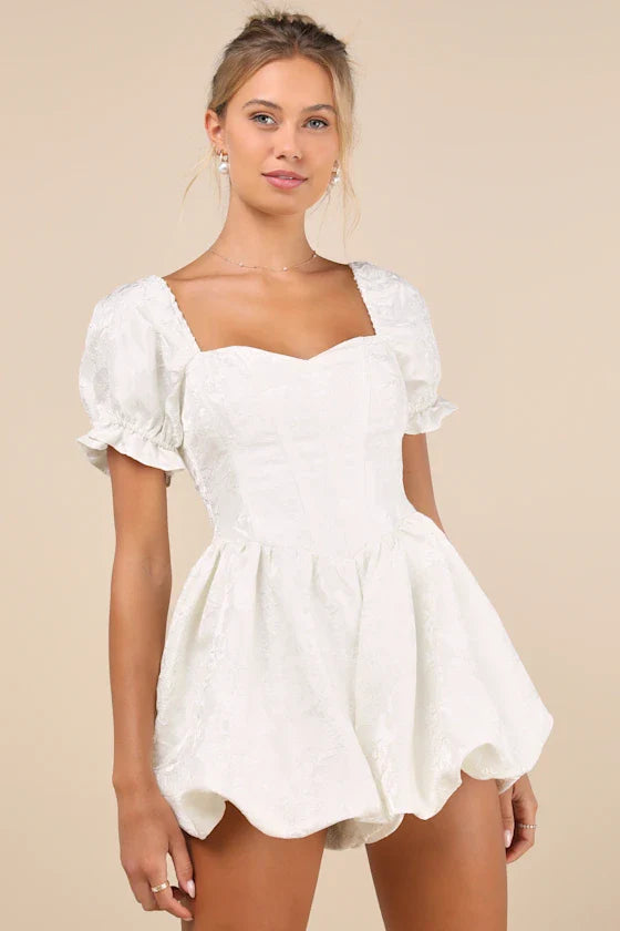Flowering Girl Women Princess Aesthetic Ivory Floral Jacquard Bubble-Hem Romper