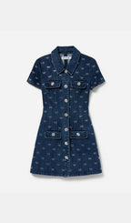 Flowering Girl Women Denim Diamante Bow Collared Mini Dress