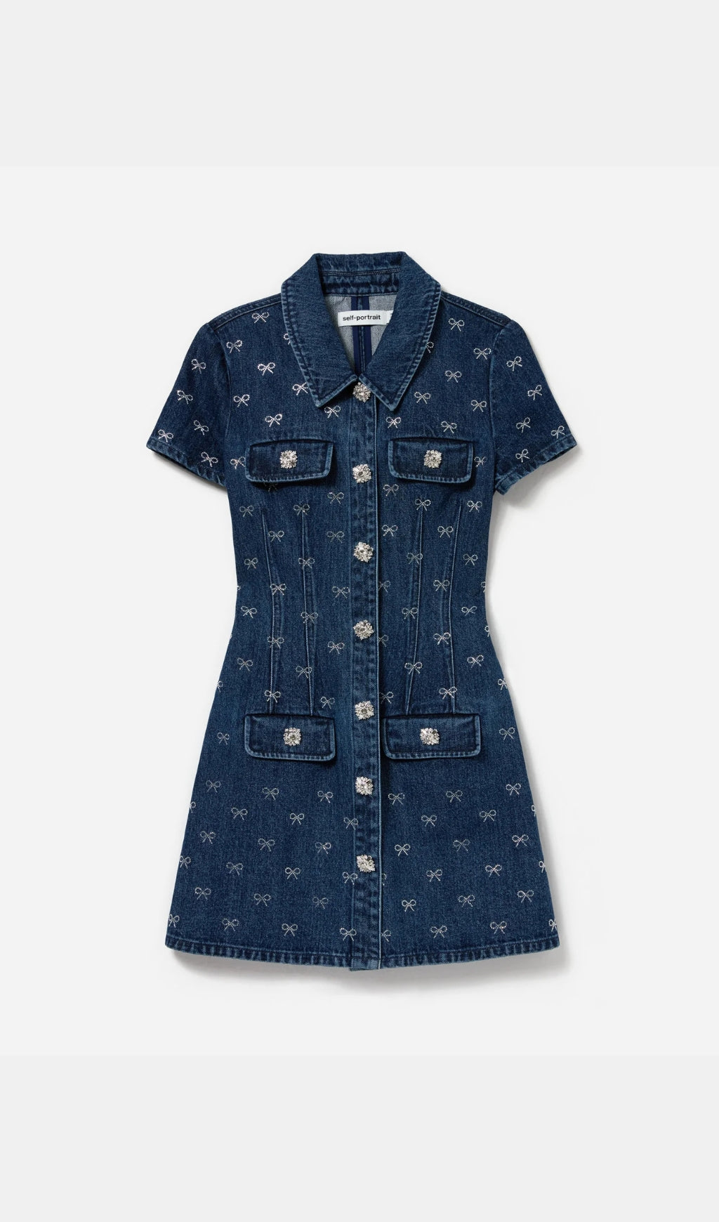 Flowering Girl Women Denim Diamante Bow Collared Mini Dress