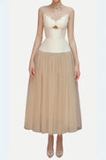 Flowering Girl Women Two-Tone Hollow Tube Top Tulle Midi Dress