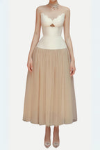Flowering Girl Women Two-Tone Hollow Tube Top Tulle Midi Dress