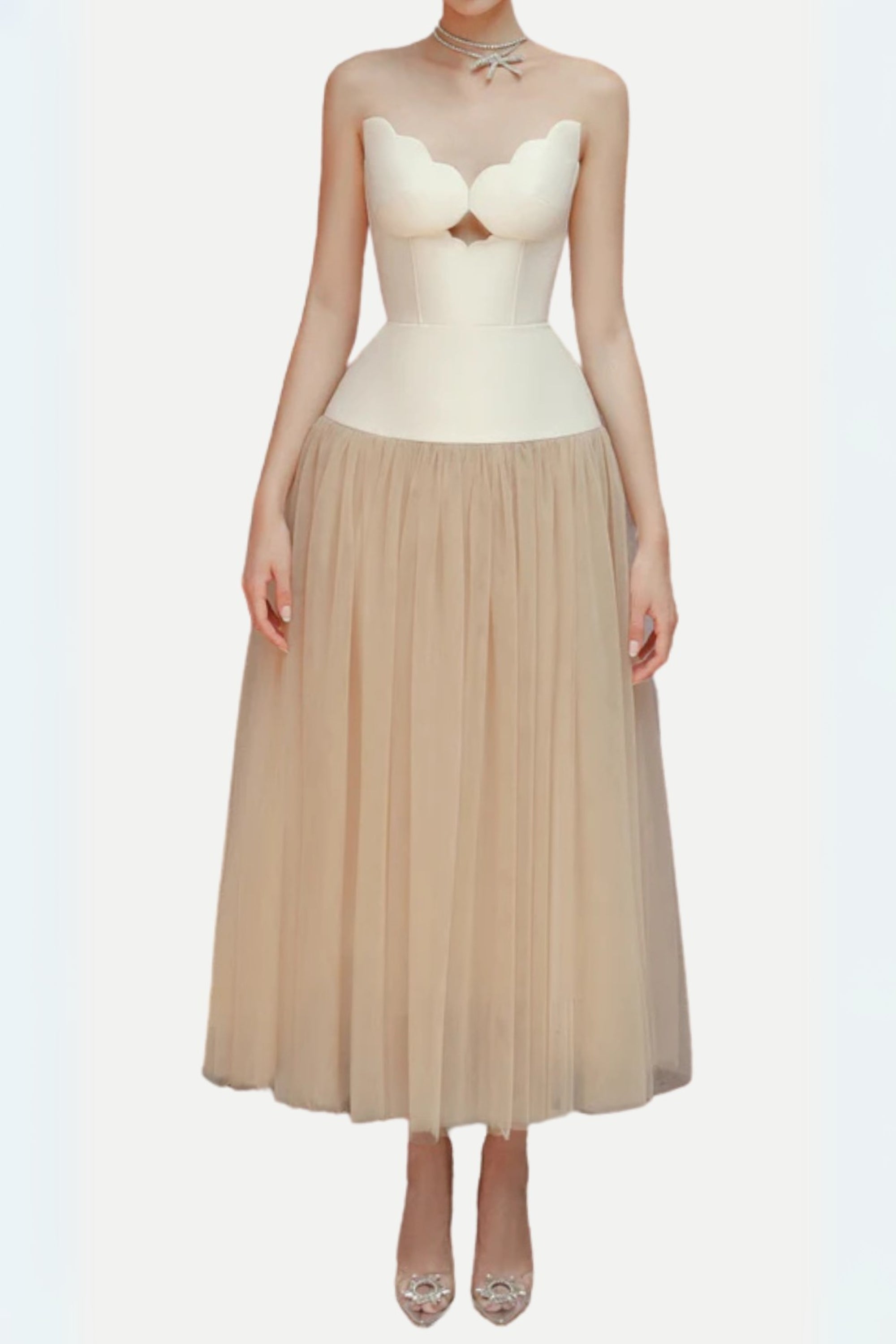 Flowering Girl Women Two-Tone Hollow Tube Top Tulle Midi Dress