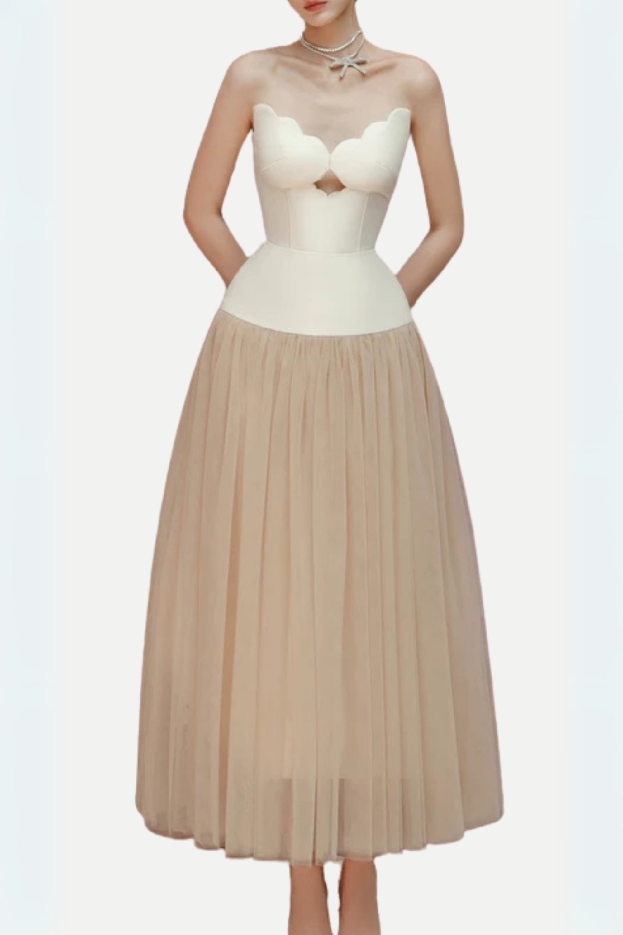 Flowering Girl Women Two-Tone Hollow Tube Top Tulle Midi Dress