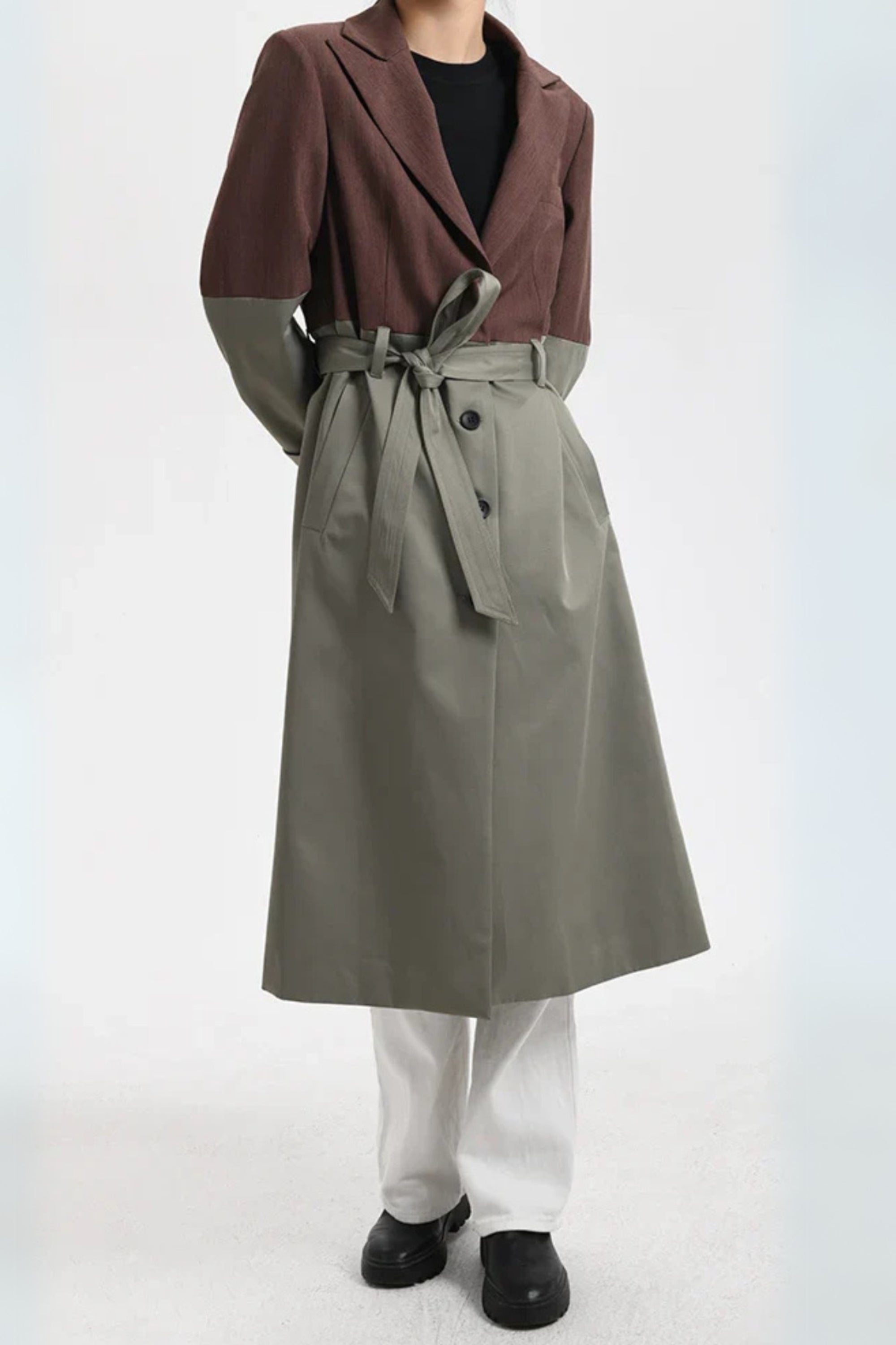 Flowering Girl Women Belted Blazer Trench Coat In Brown Gray