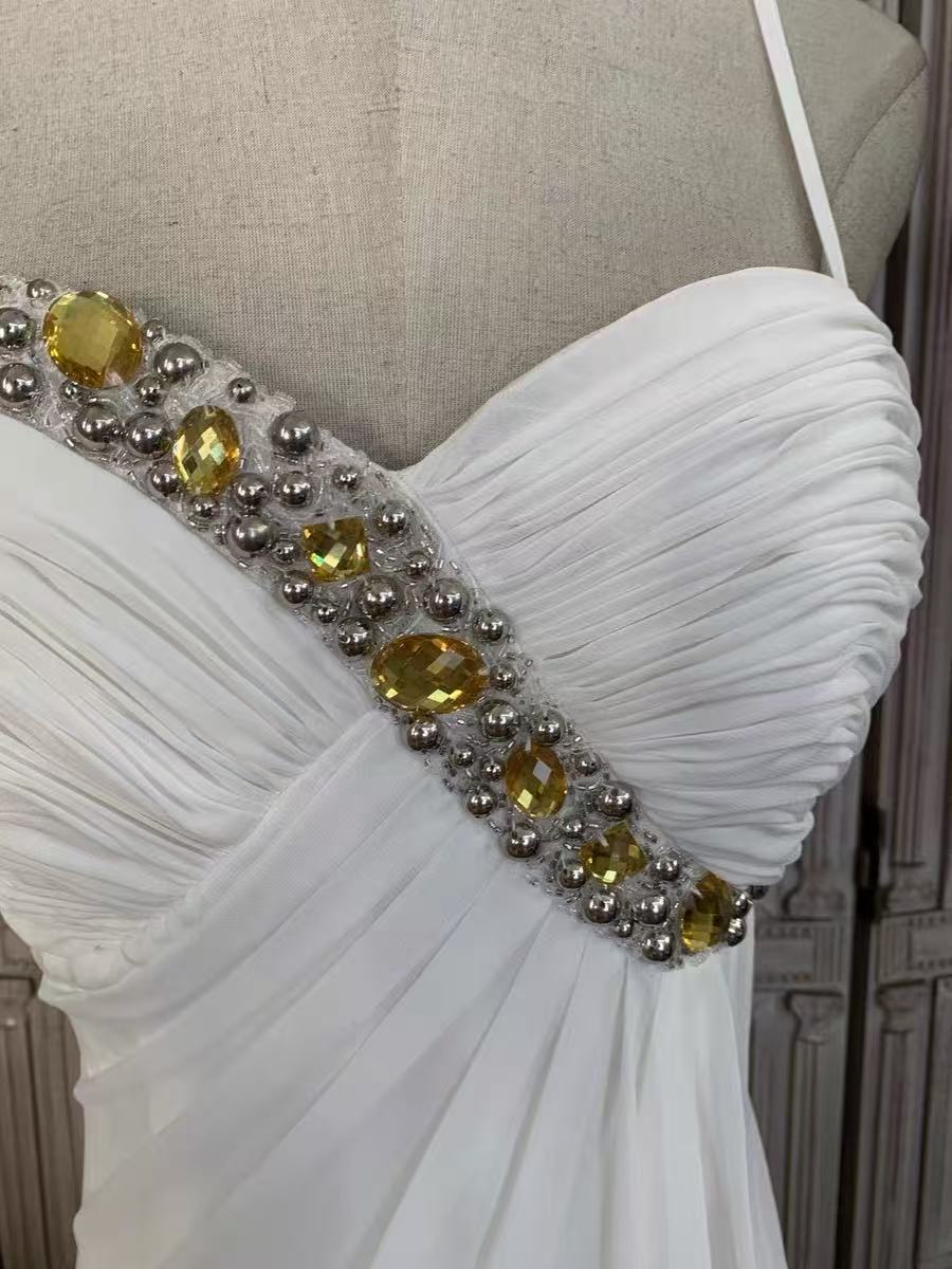 White Chiffon Beaded Empire Waist Evening Gown