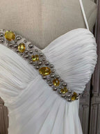 White Chiffon Beaded Empire Waist Evening Gown