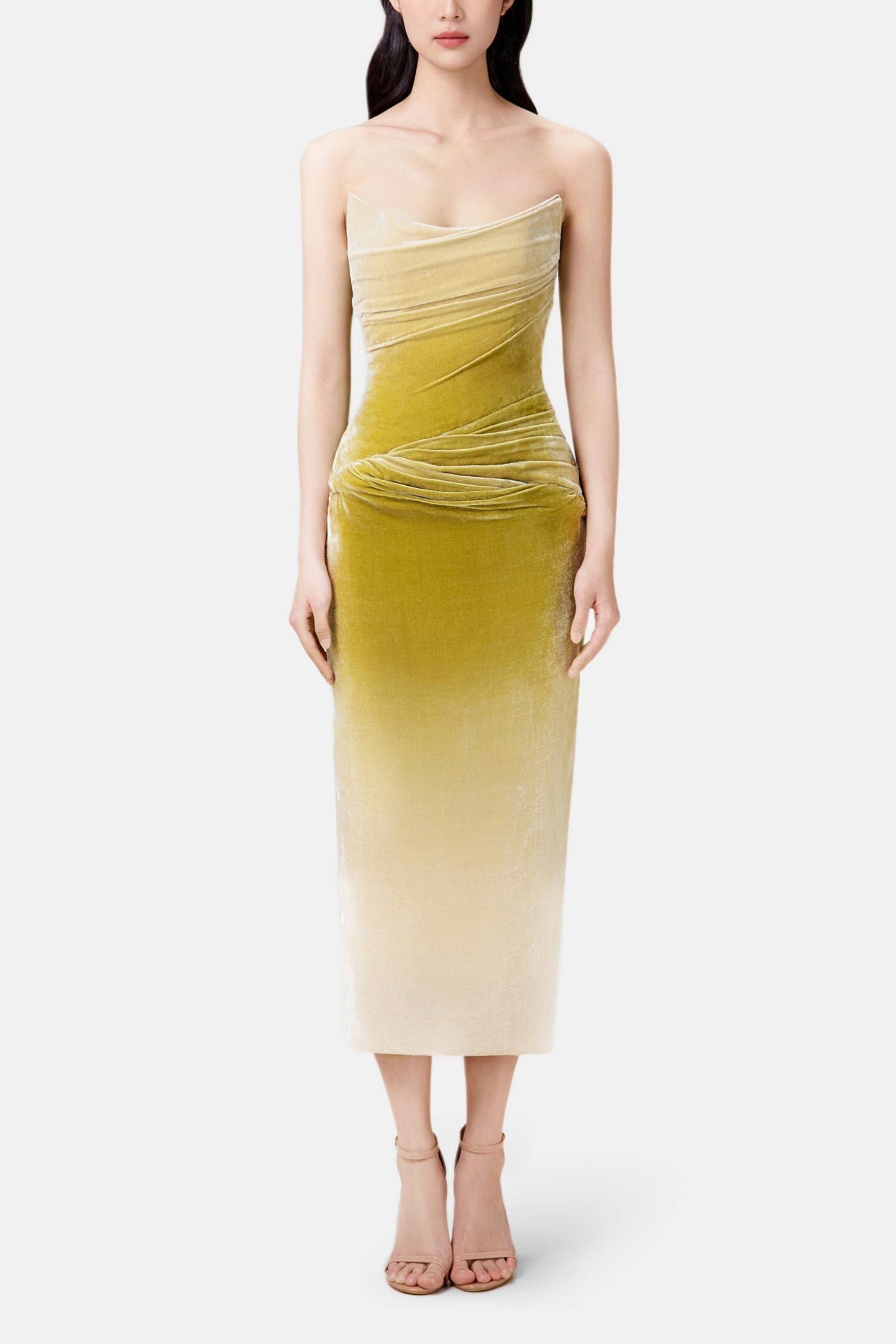 Flowering Girl Women Ruched Velvet Strapless Midi Dress In Green Gradient