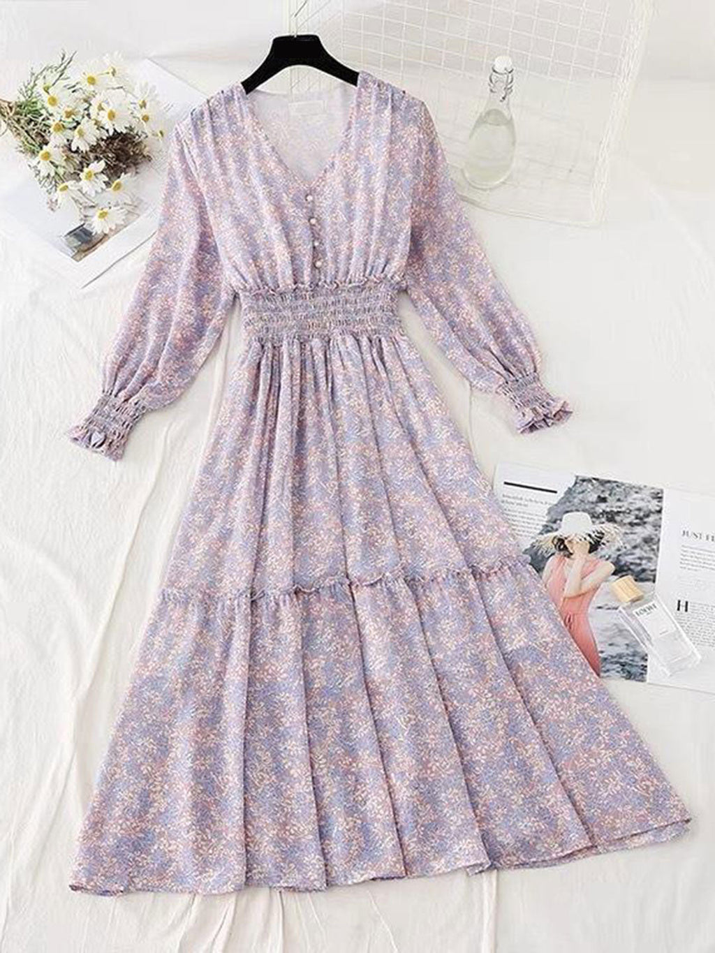 janet Classic Floral Ruffle Chiffon Dress-Yellow