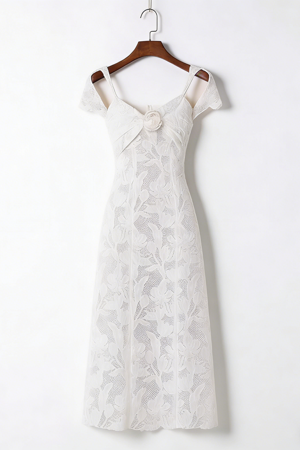 White Floral Lace Cold-Shoulder Midi Dress with 3D Rose