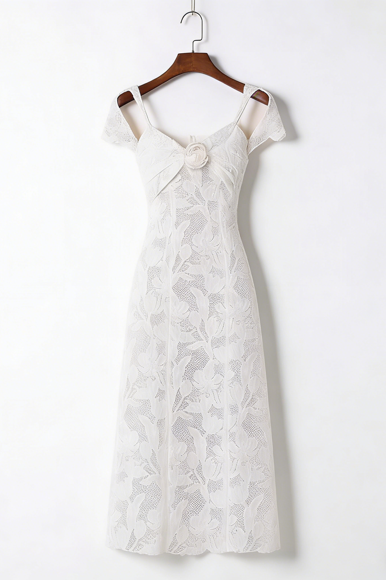 White Floral Lace Cold-Shoulder Midi Dress with 3D Rose