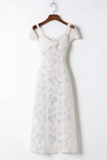 White Floral Lace Cold-Shoulder Midi Dress with 3D Rose