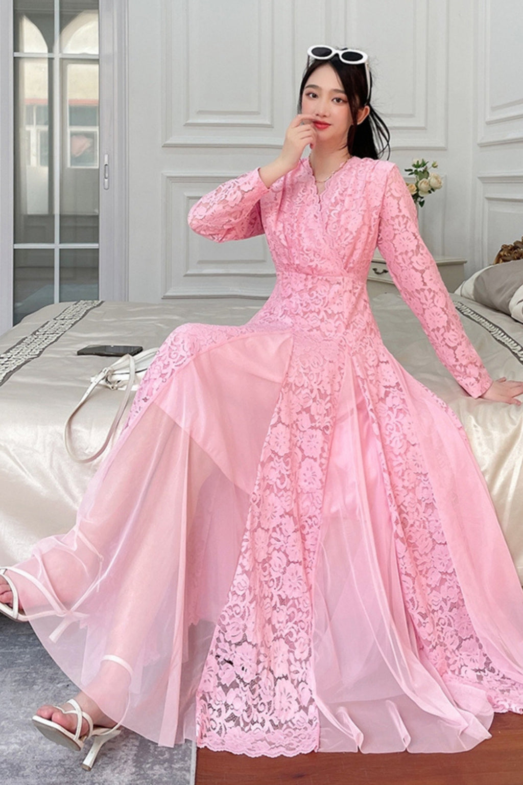 Flowering Girl Women Lace Splicing Long Sleeve Midi Dress