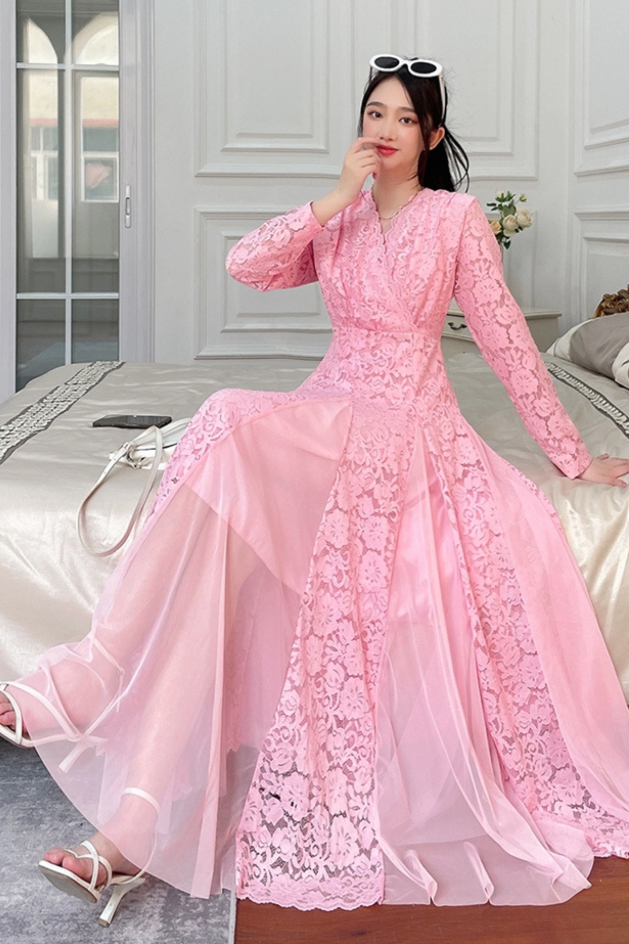 Flowering Girl Women Lace Splicing Long Sleeve Midi Dress