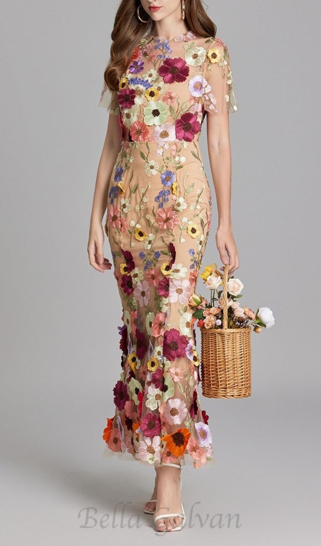 Flowering Girl Women FLORAL EMBROIDERY MESH FISHTAIL MIDI DRESS IN BROWN