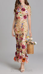 Flowering Girl Women FLORAL EMBROIDERY MESH FISHTAIL MIDI DRESS IN BROWN