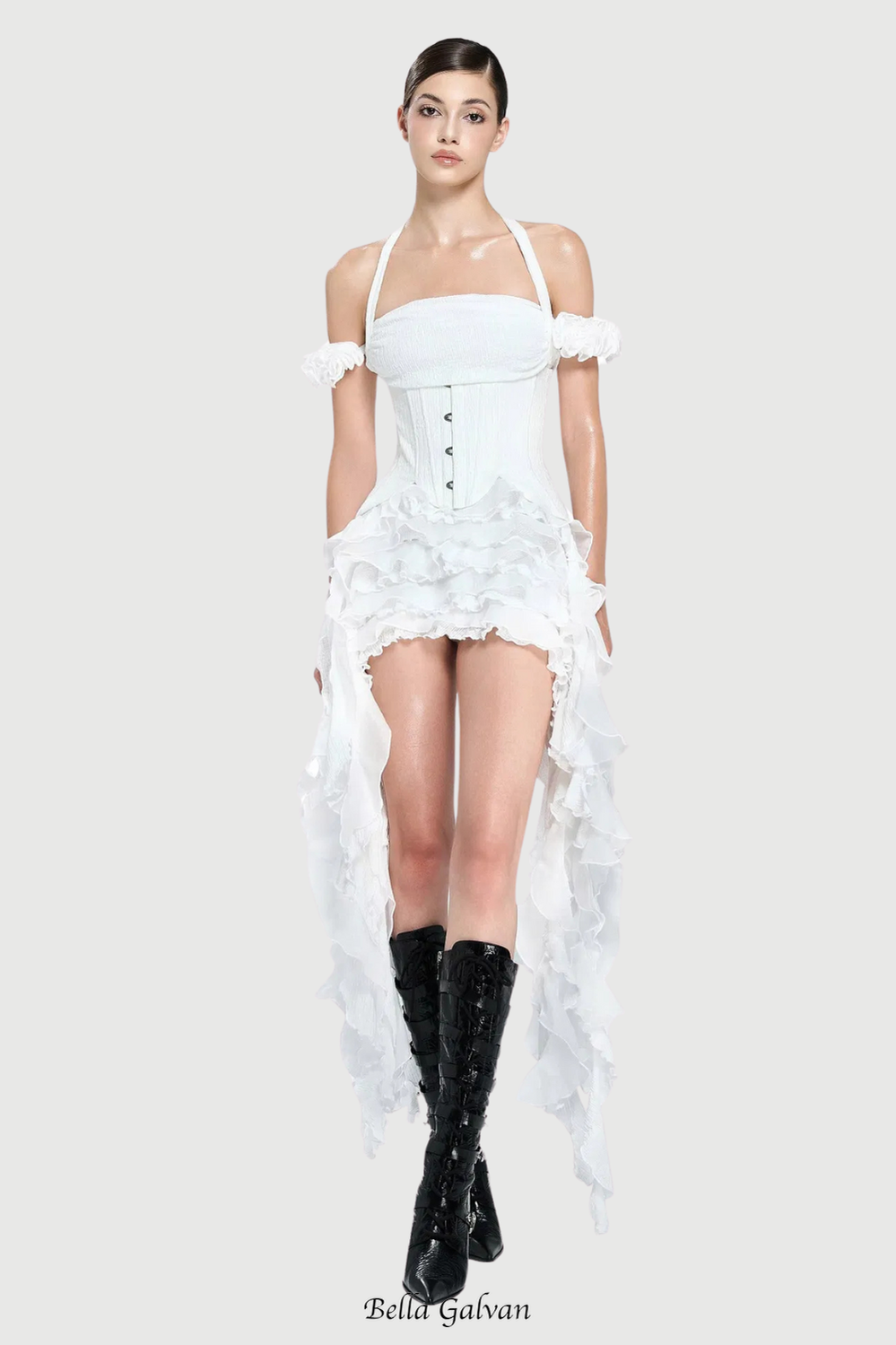 Flowering Girl Women elva halter three-dimensional flower irregular tassel mini dress in white