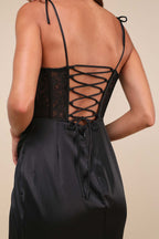 Flowering Girl Women Aura Black Satin Lace Tie-Strap Bustier Maxi Dress