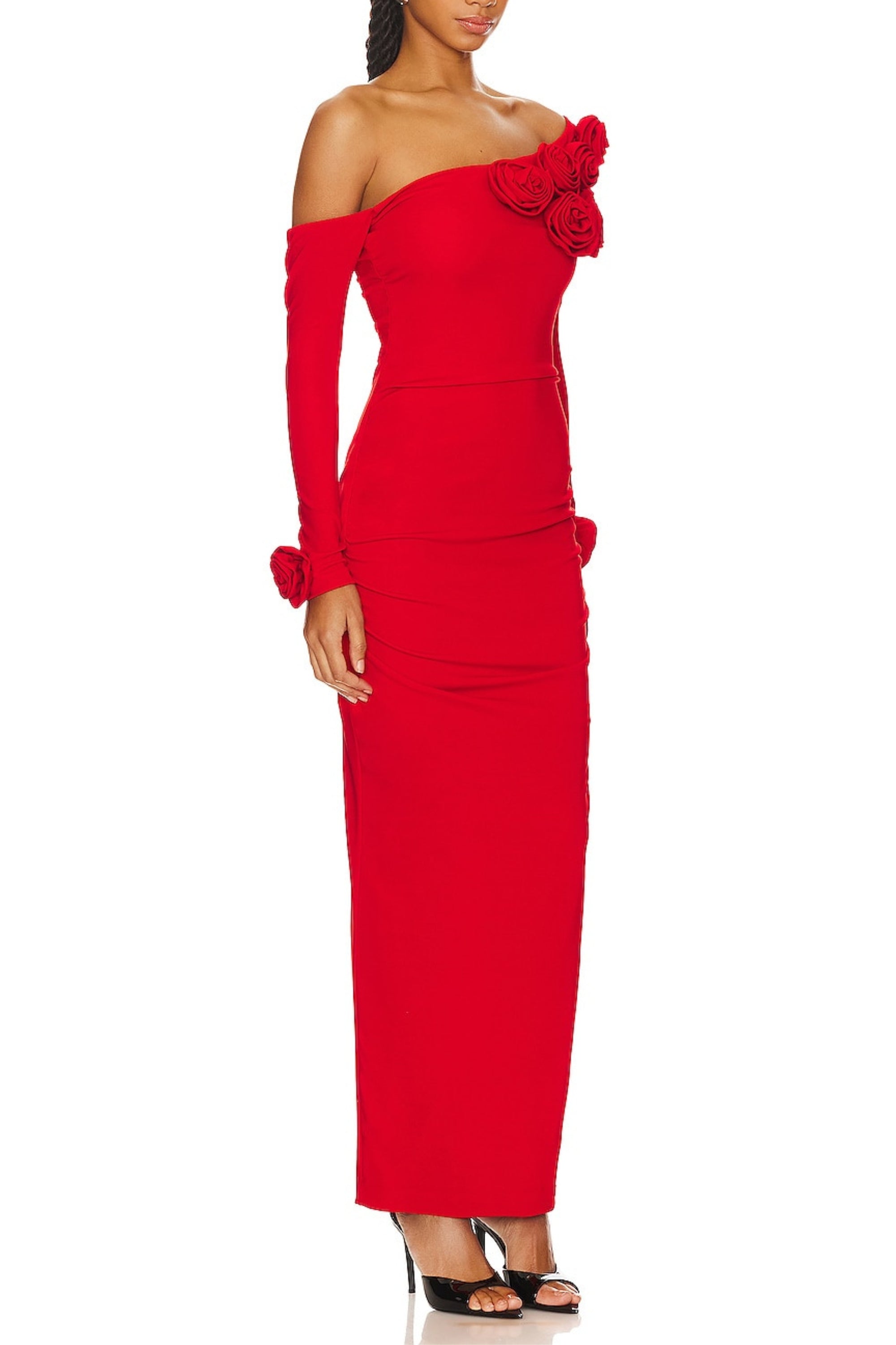 Off-Shoulder Flower Embellished Gathered Maxi Dress In Red