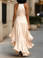 Midnight Elegance Satin Halter Ruffle Gown