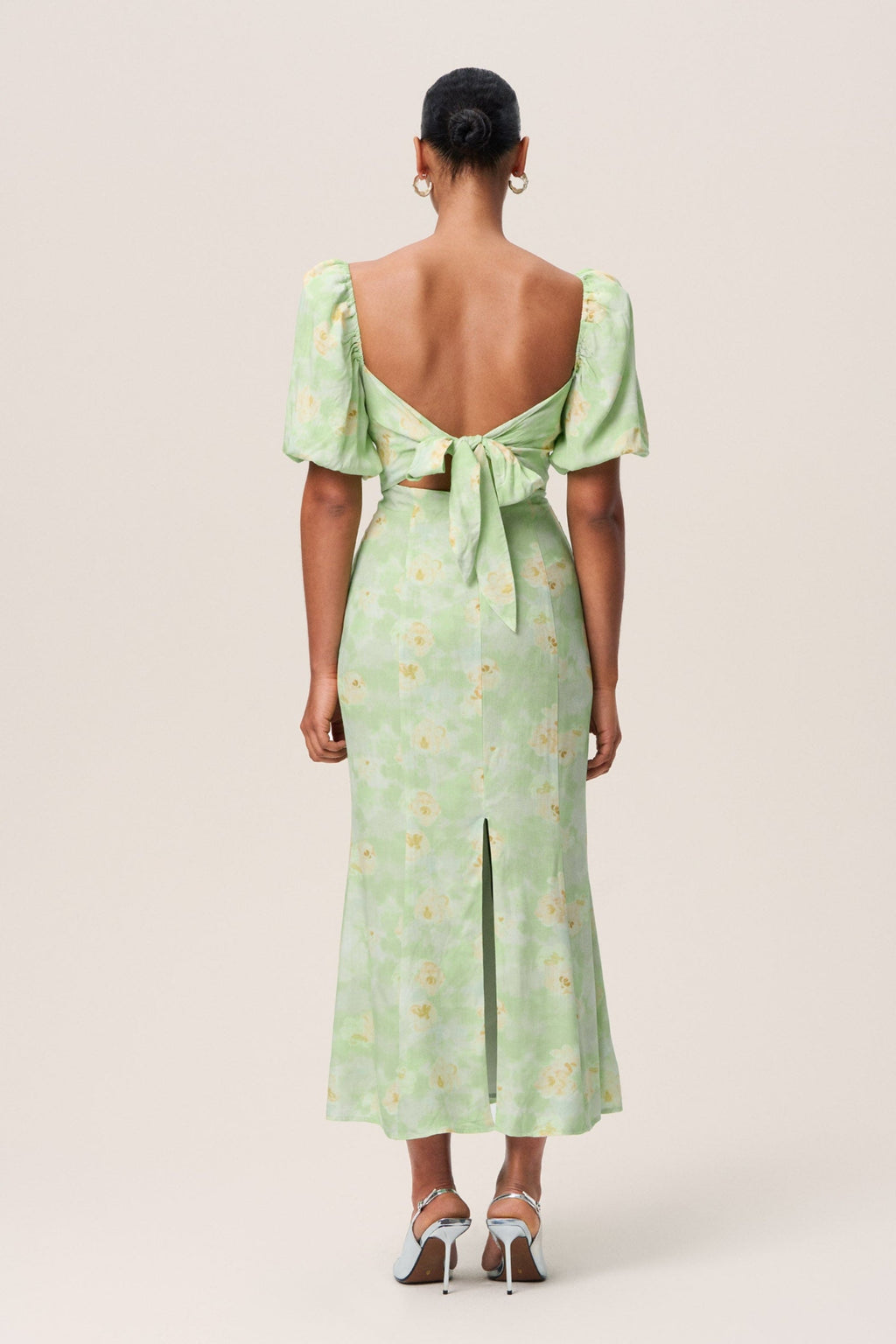 Flowering Girl Women Floral Puff Sleeve Midi Dress In Green