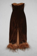 Strapless Bustier Feather Hem Midi Velvet Dress Brown