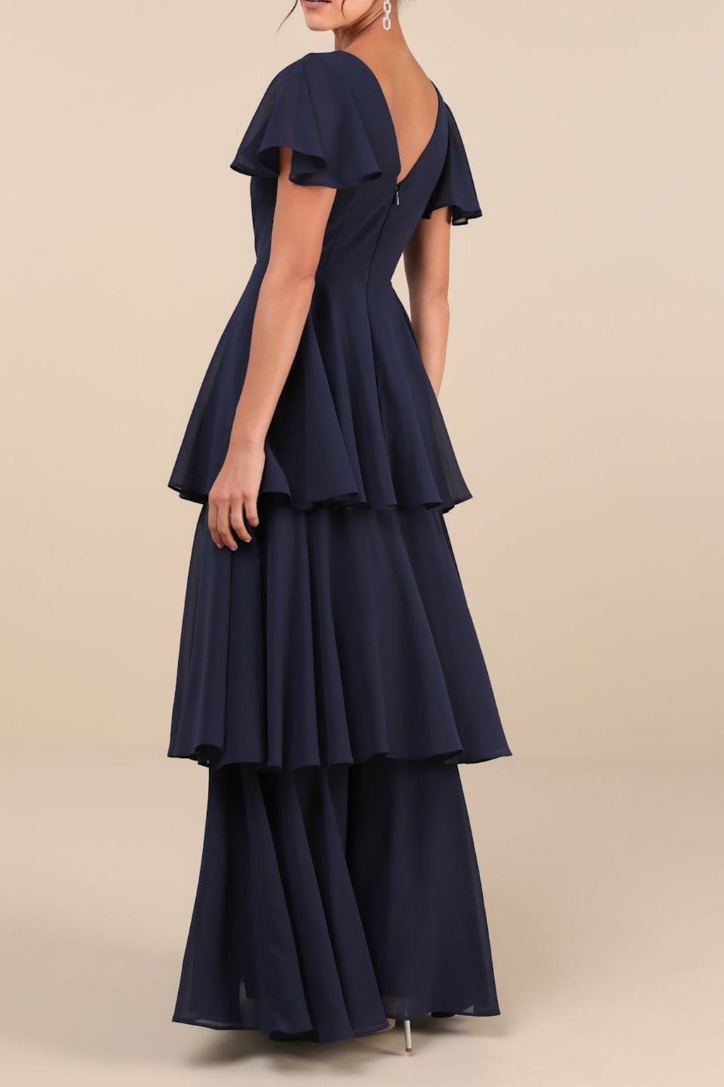 Flowering Girl Women Navy Blue Short Sleeve Tiered Maxi Dress