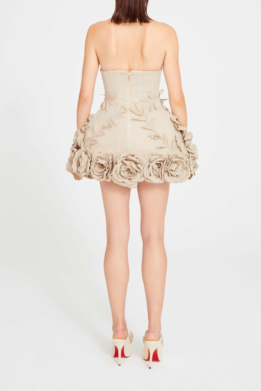 Flowering Girl Women Salome Beige Linen Corset Flower Details Mini Dress