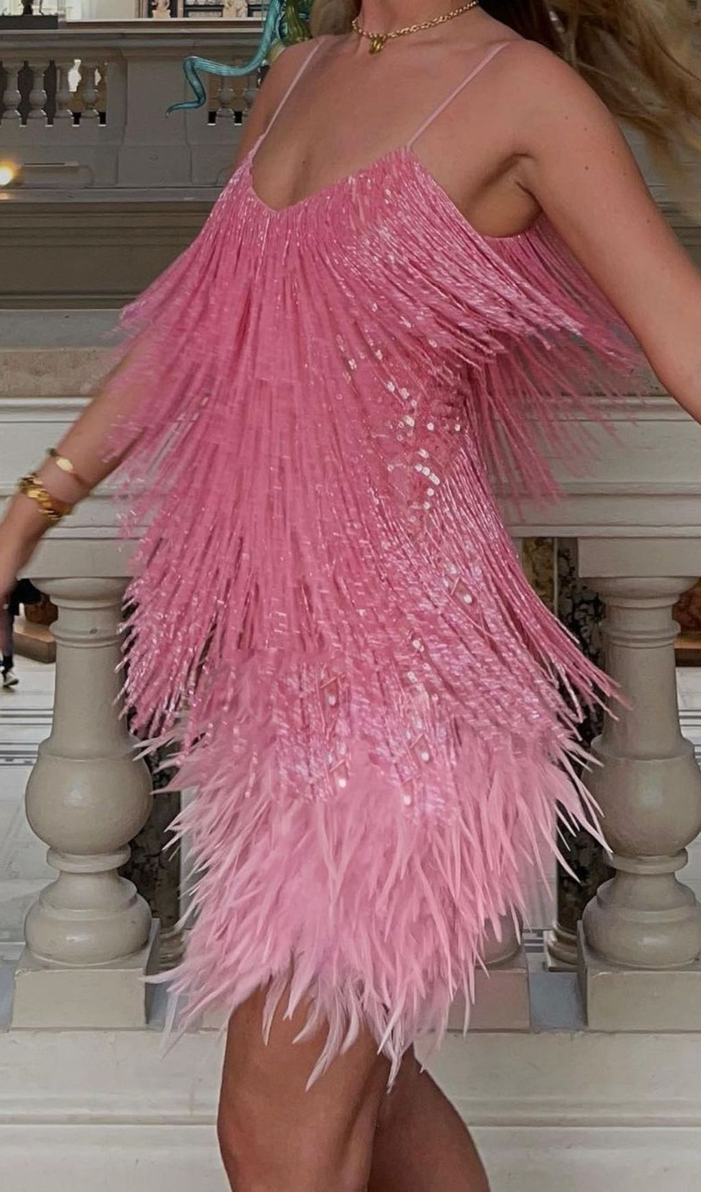 Pink Tassel Feather Mini Dress