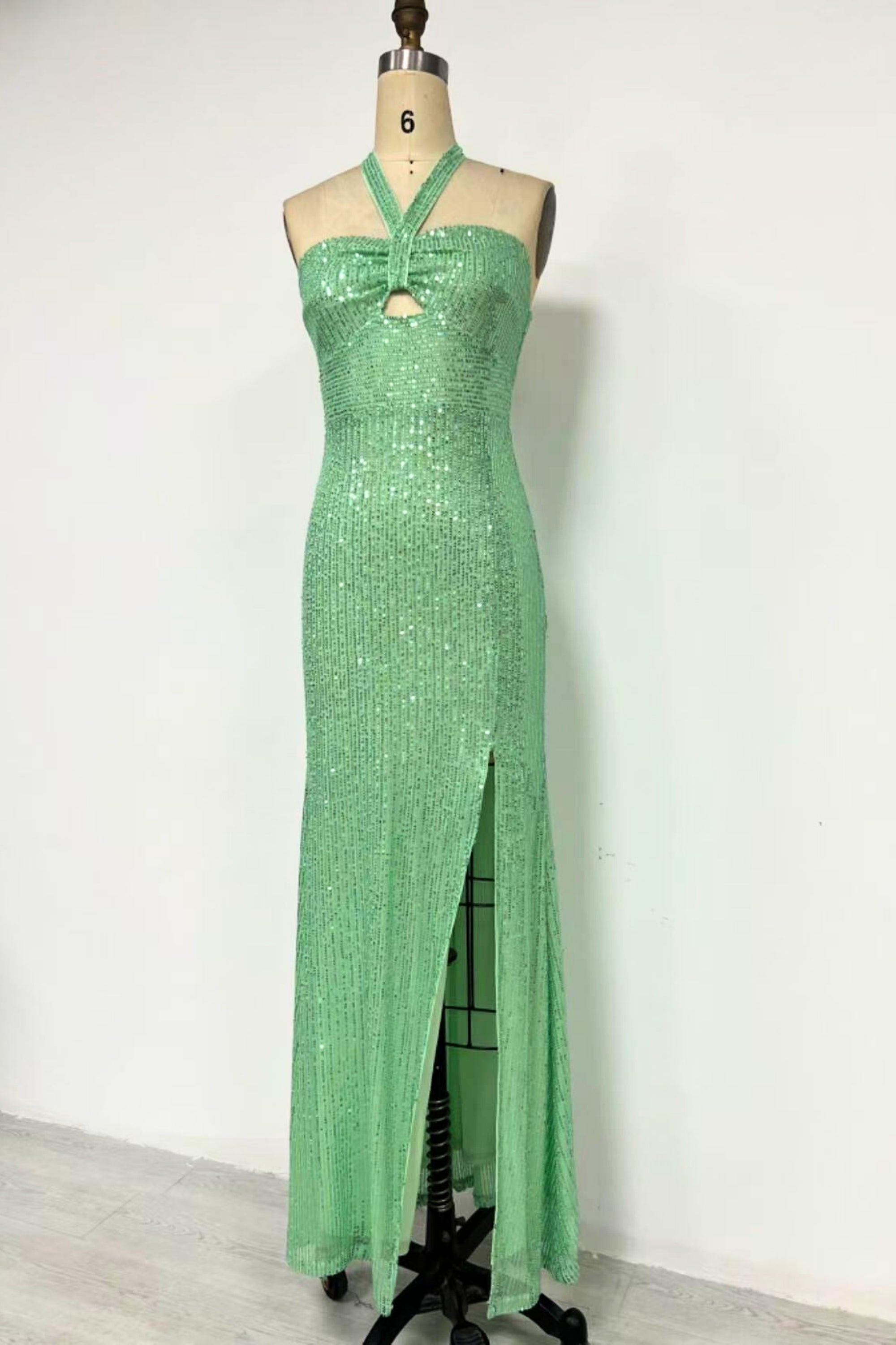 Flowering Girl Women Halter Sequined Slit Maxi Dress