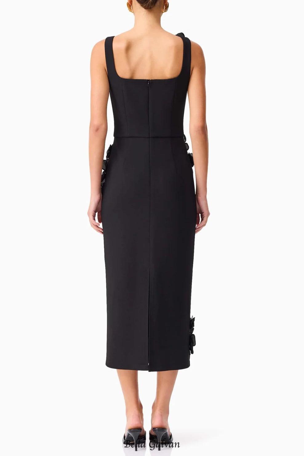 sabrina 3d flower Midi Dress in Black
