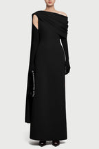 Sibyl One-Shoulder Knit Asymmetrical Pleated Maxi Dress In Black