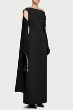 Sibyl One-Shoulder Knit Asymmetrical Pleated Maxi Dress In Black