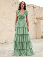 Flowering Girl Women Ruffle Trim Layered Hem Swiss Dot Chiffon Dress