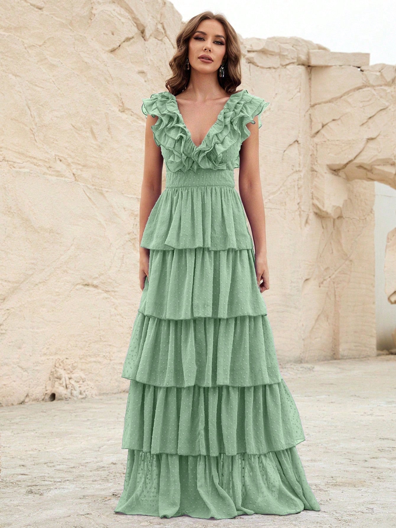 Flowering Girl Women Ruffle Trim Layered Hem Swiss Dot Chiffon Dress
