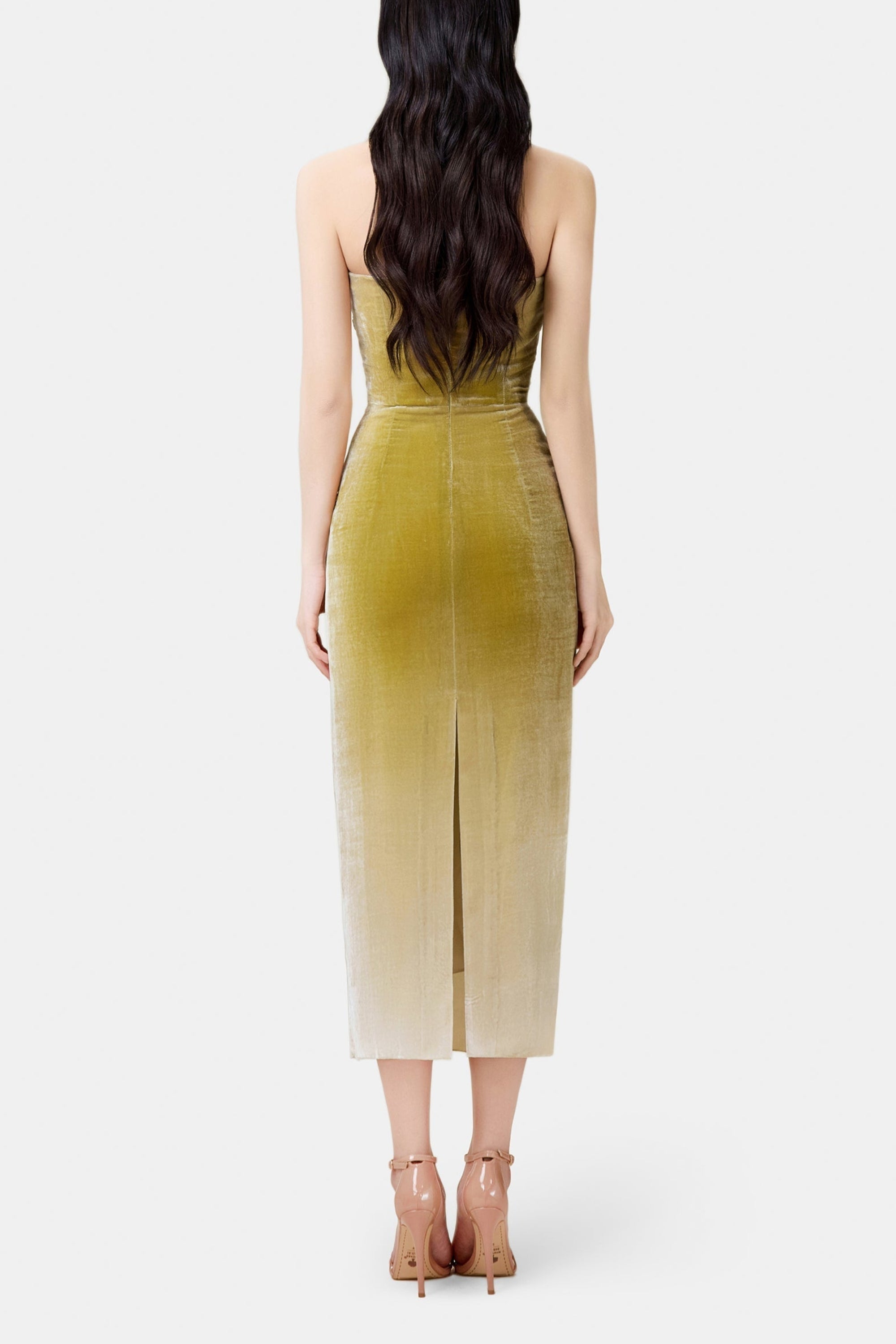 Flowering Girl Women Ruched Velvet Strapless Midi Dress In Green Gradient