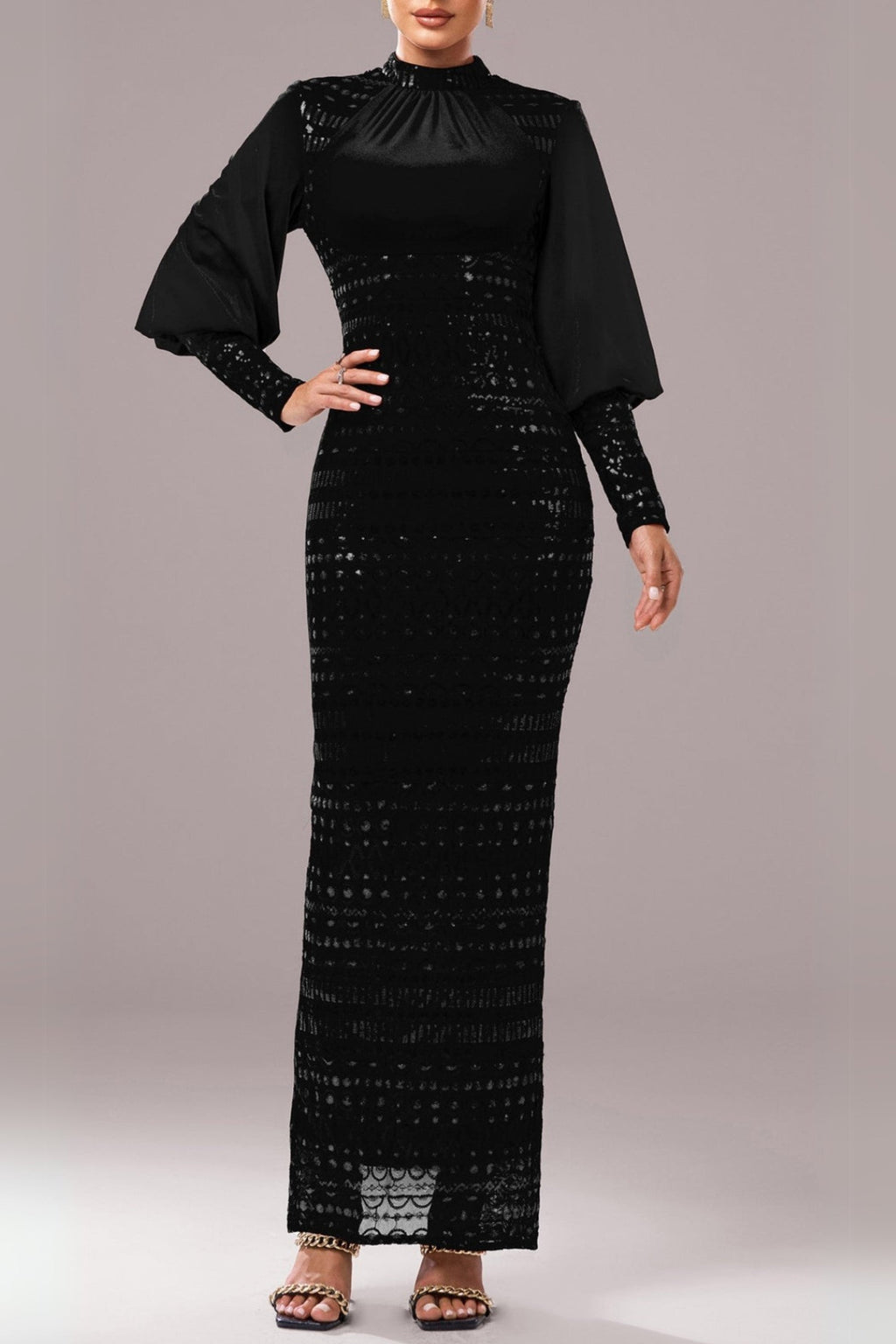 Flowering Girl Women Sequin Long Sleeve Maxi Dress In Black