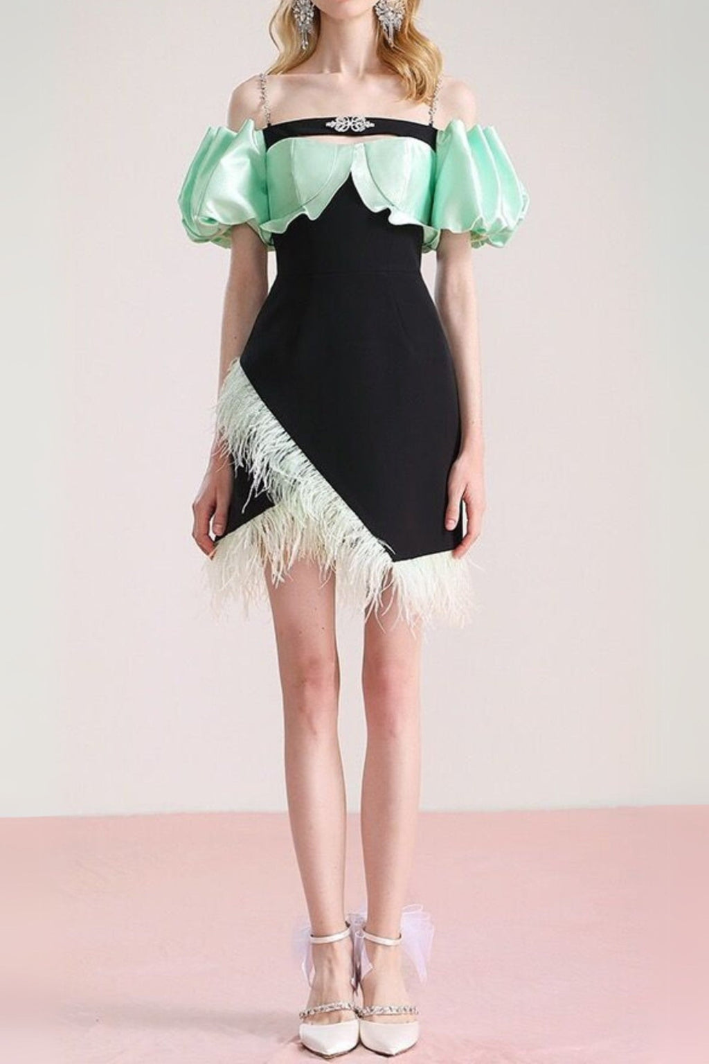 Flowering Girl Women Cielo Black Off-Shoulder Feather Mini Dress