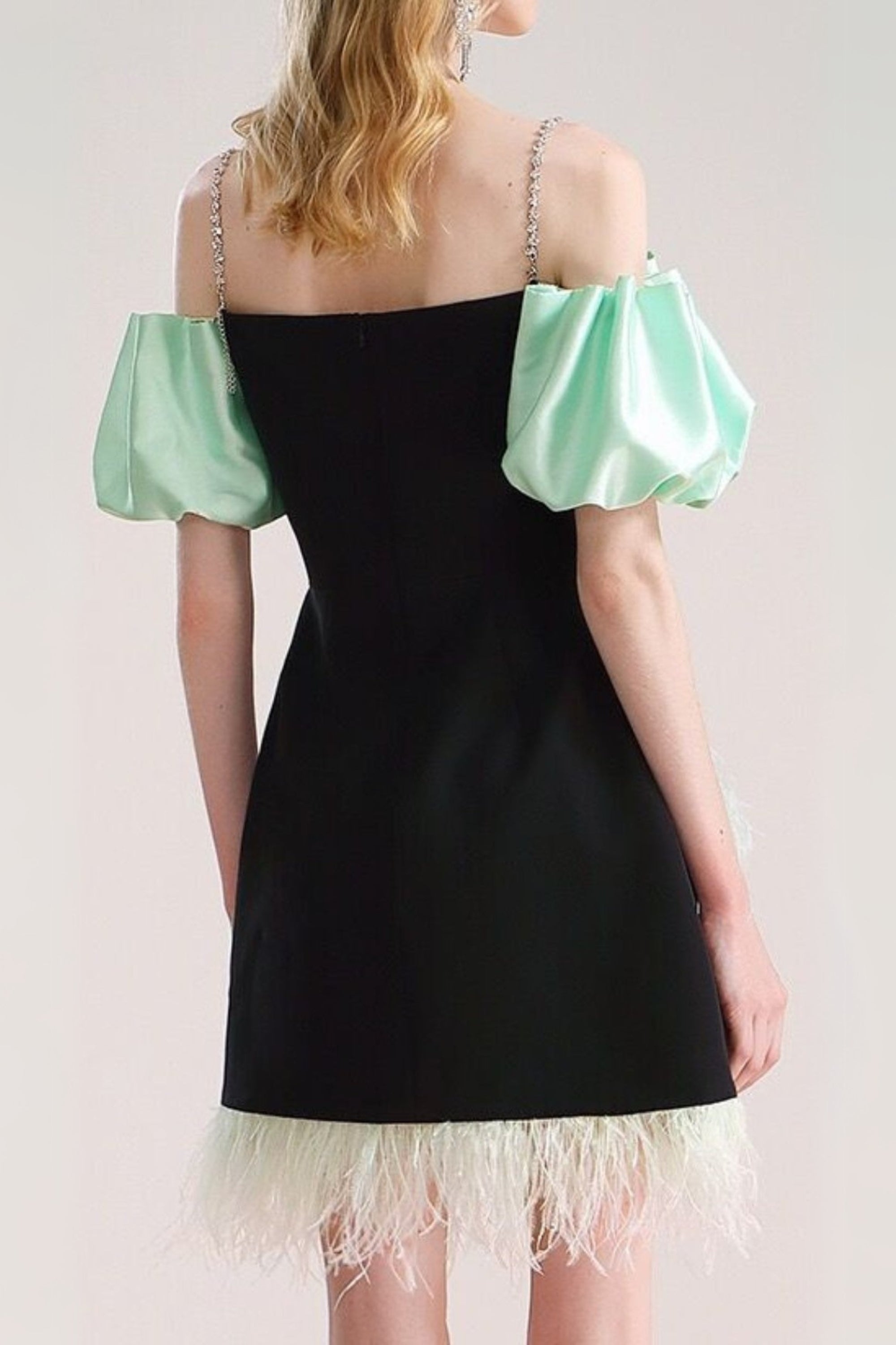 Flowering Girl Women Cielo Black Off-Shoulder Feather Mini Dress