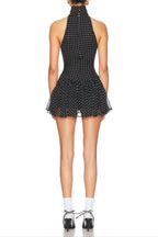 Flowering Girl Women Polka Silk Chiffon Sleeveless Halter Mini Dress In Black