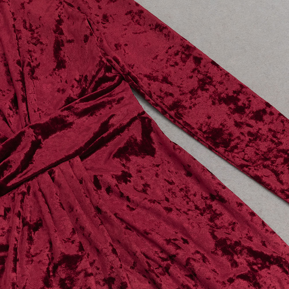 Flowering Girl Women Velvet High Neck Hollow Waist maxi Dress in burgundy